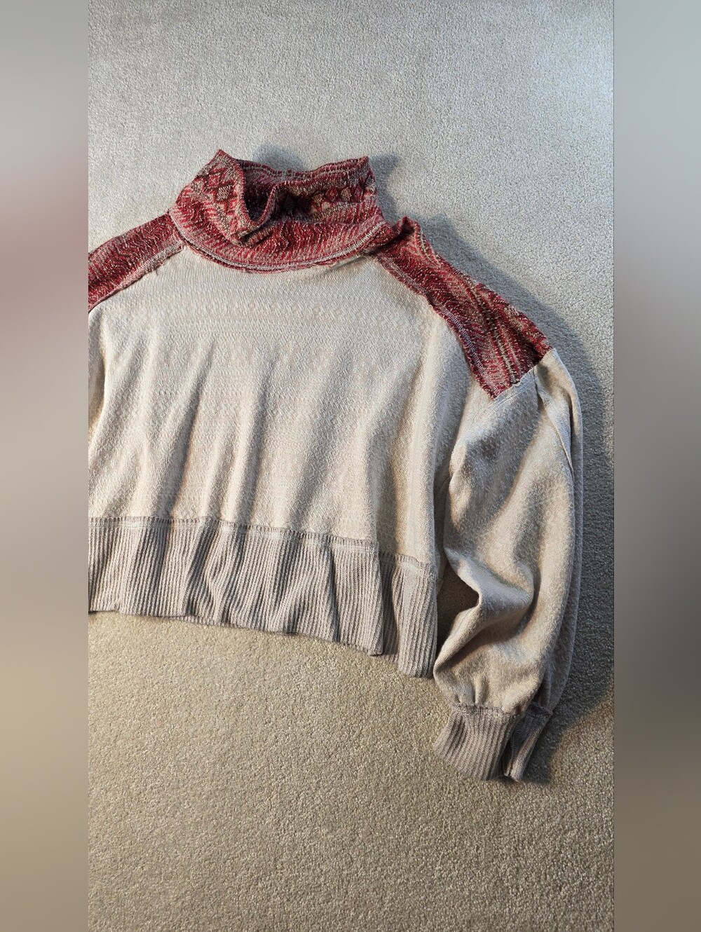 We The Free At The Lodge Oversized Cropped Cowl Neck Pullover Cream/Red S